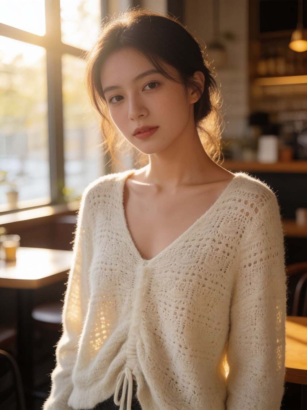 Hem & Thread V-Neck Crochet Sweater Cream Knit Medium